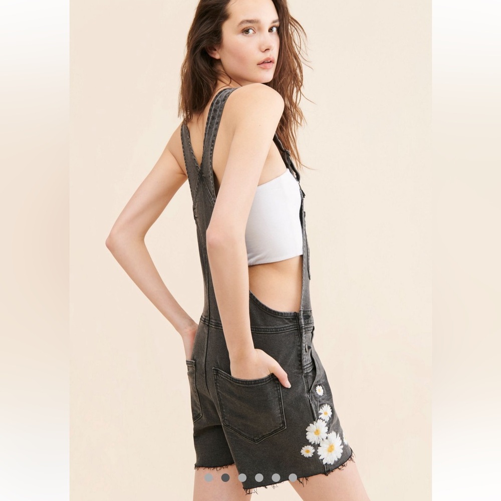 Free People Driftwood Black Floral Embroidered Short Overalls - Picture 2 of 10